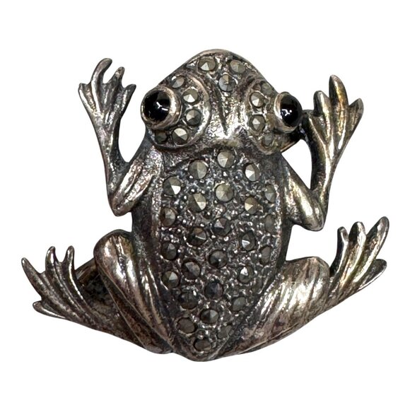 Vintage 925 sterling silver vintage marcasite Frog brooch black gem eyes pin - Picture 2 of 6